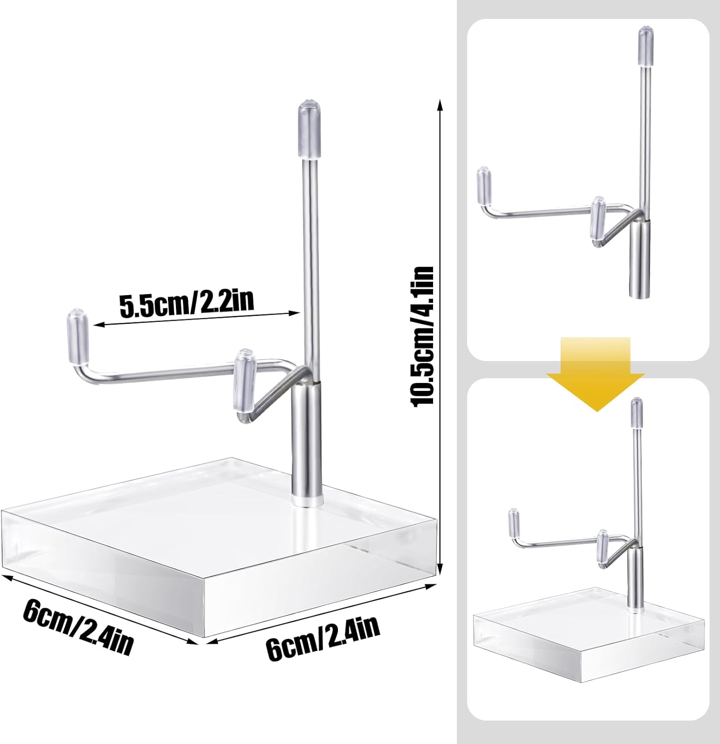 Kigley 8 Pcs Adjustable Metal Arm Display Stand Crystal Holder Easel Display with Acrylic Base Easel Rock Mineral Stand for Geodes Mineral Agate Collection(Silver,2.4 x 2.4 x 3.5 Inch)