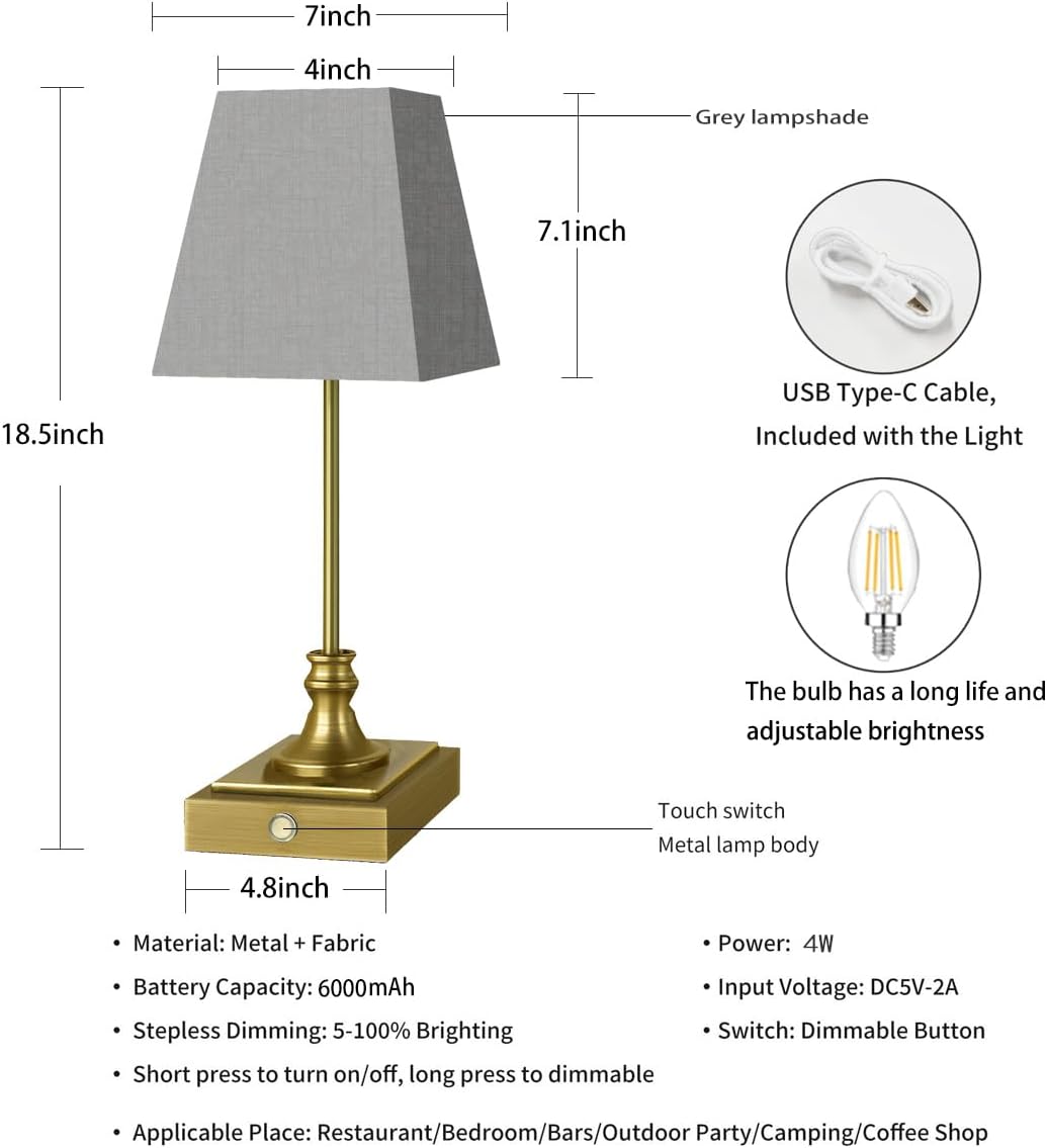 Rechargeable LED Table Lamps with Stepless Touch Control,Golden Cordless Lamp for Living Room&Bedside&Patio&Shower,Small Desk Lamp(6000mAH Battery),2 Pack for Home Decor,Best Gifts for Family