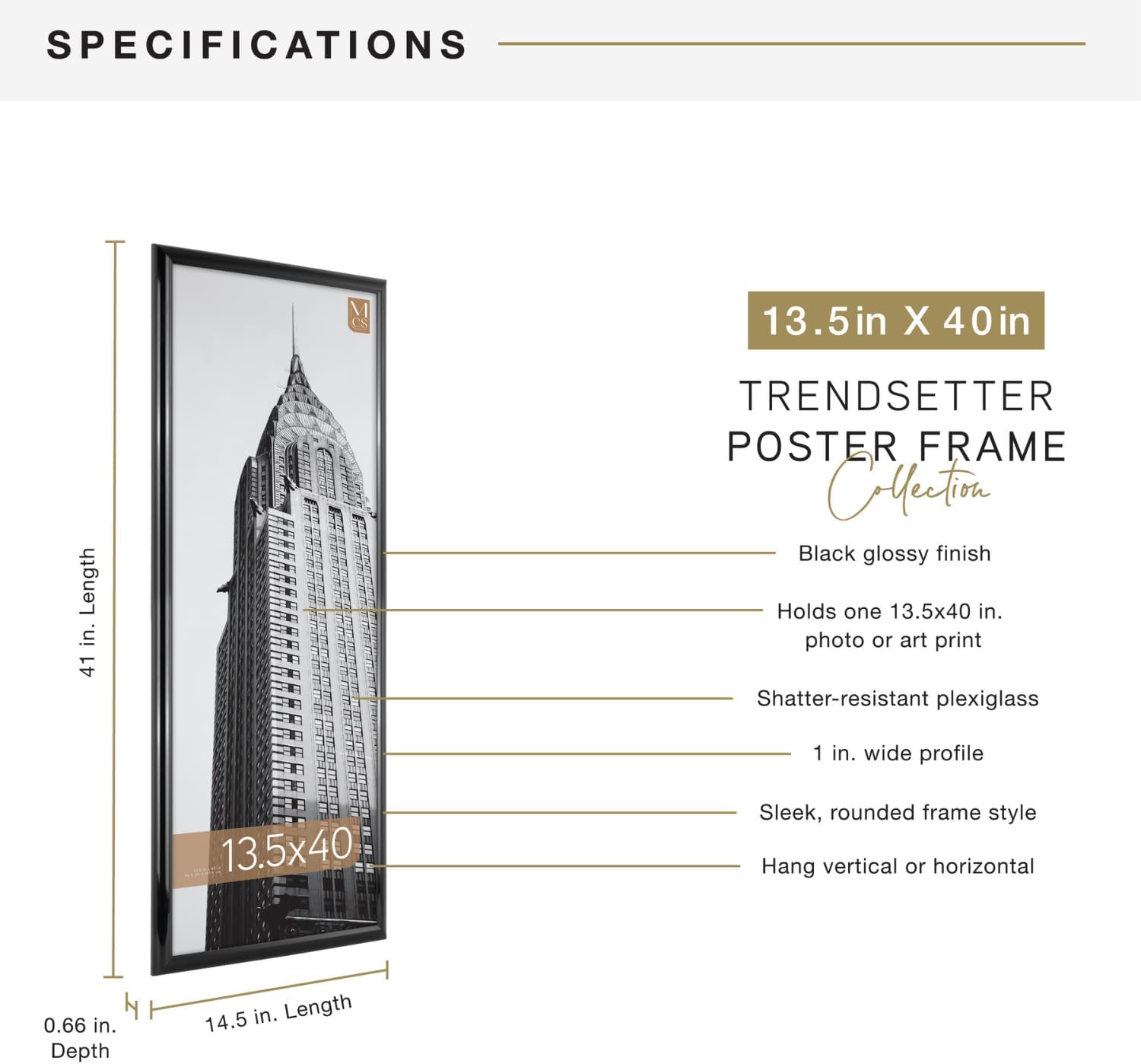 MCS Trendsetter 13.5x40 Poster Frame Black High-Gloss, Vertical & Horizontal Wall Hanging Large Picture Frame for Photos, Posters & Art Prints (1-Pack)