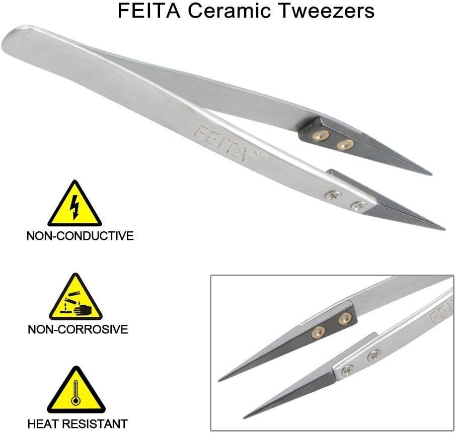 FEITA Black Pointed Ceramic Tip Tweezers - Precision Stainless Steel Tweezer for Electronic Repair, DIY Hobby (1 Pc)
