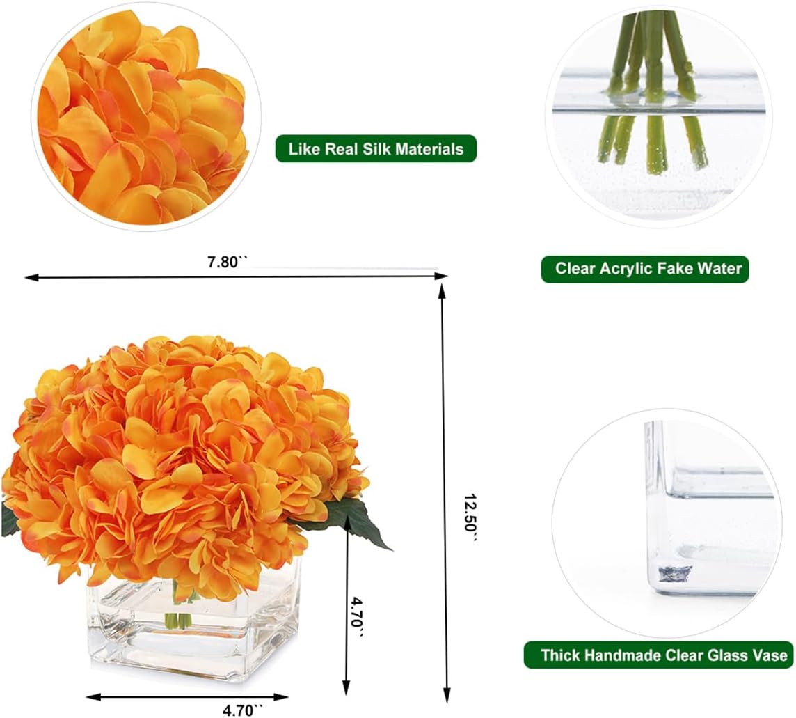 Silk Hydrangea Artificial Flowers in Vase with Faux Water, Silk Flower Arrangements in Vase for Wedding, Dining Table, Living Room (Orange)