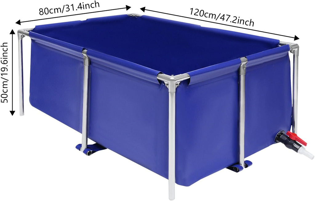 Canvas Fish Pond | Above Ground Fish Pond | Blue Aquarium Pool | Rectangular Goldfish Tank with Steel Frame & Drain Valve | for Breeding Koi, Irrigation | 47.2" L x 31.4" W x 19.6" H
