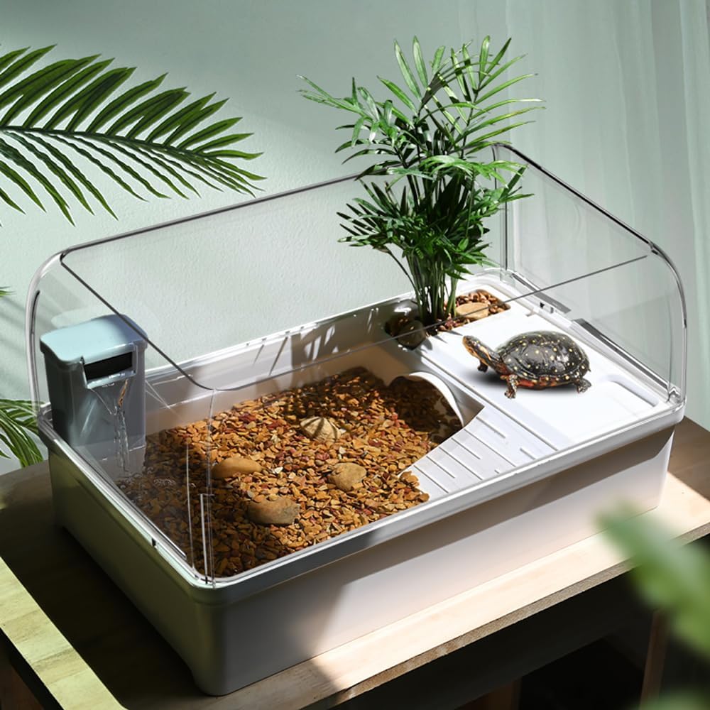 Flushbay Turtle Tank with Basking Platform Multi-Functional Areas Acrylic Turtle Aquarium Tank with 360° Panoramic View for Turtles, Crayfish Crab and Lizardt (White)