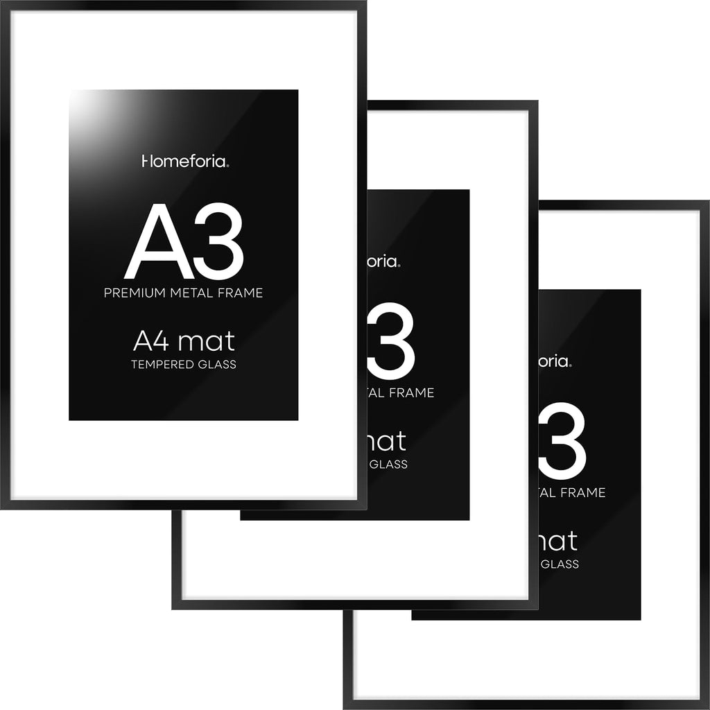 Homeforia A3 Picture Frame Black, High End Metal 11.7 x 16.5 inch Poster Frames with Mat 8.3 x 11.7 for Photo, A3 Size Frames Matted to A4 Print, 11.7x16.5 Wall Hanging Frame, Tempered Glass, Set of 3