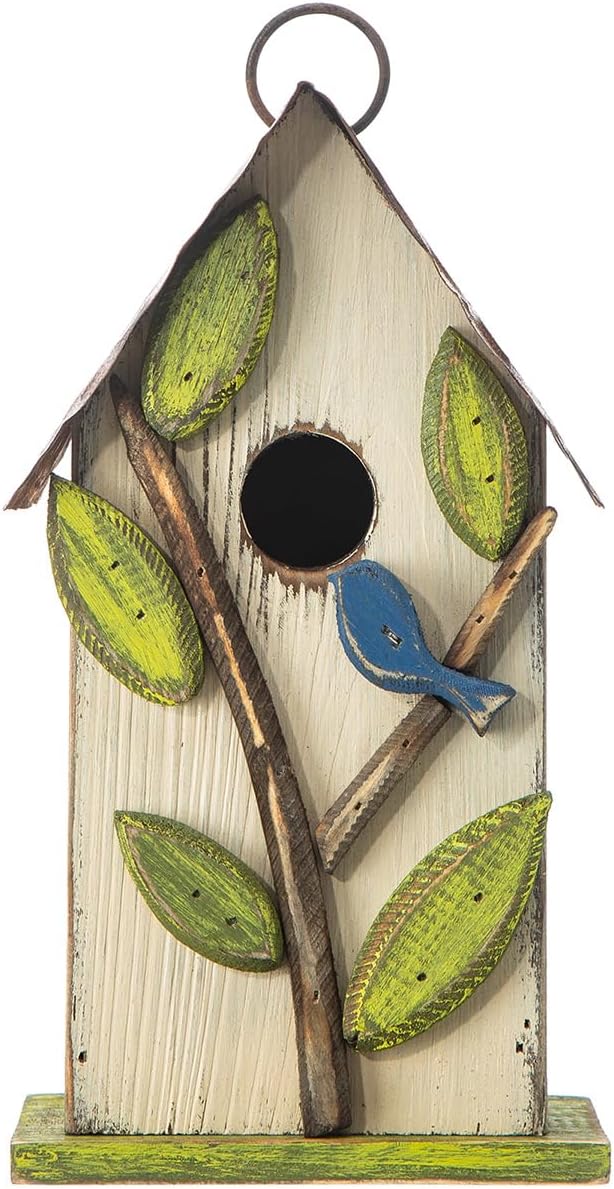 Glitzhome Bird Houses for Outside, 9.7" H Rustic Hanging Birdhouse Decorative Pet Cottage Distressed Wooden Birdhouse with 3D Tree Bluebird House for Outdoor Patio Garden, White