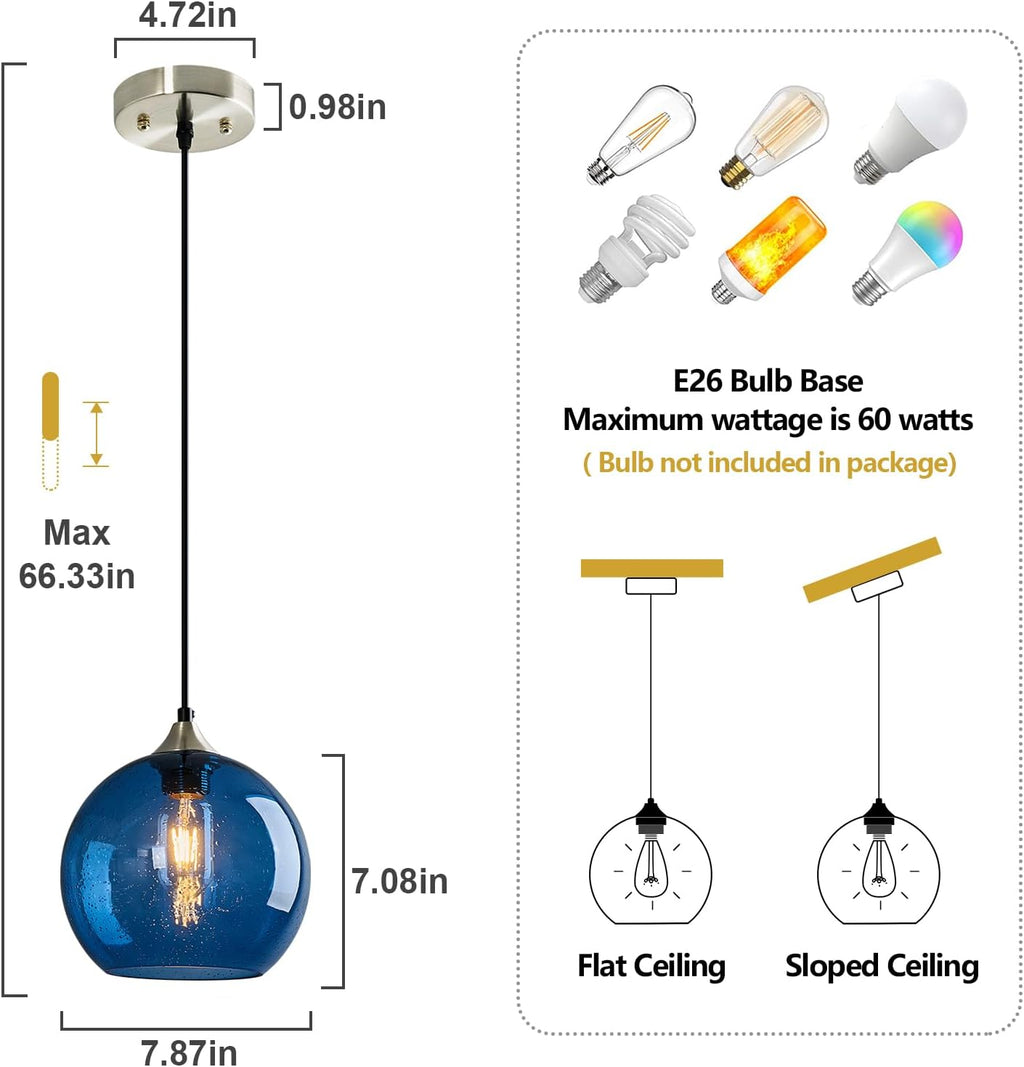 Blue Glass Pendant Lights Kitchen Island Lighting Globe Pendant Light Fixtures Modern Pendant Lighting for Kitchen Island Bedroom Living Dining Room Light Fixture(7.87in, 2-Pack)