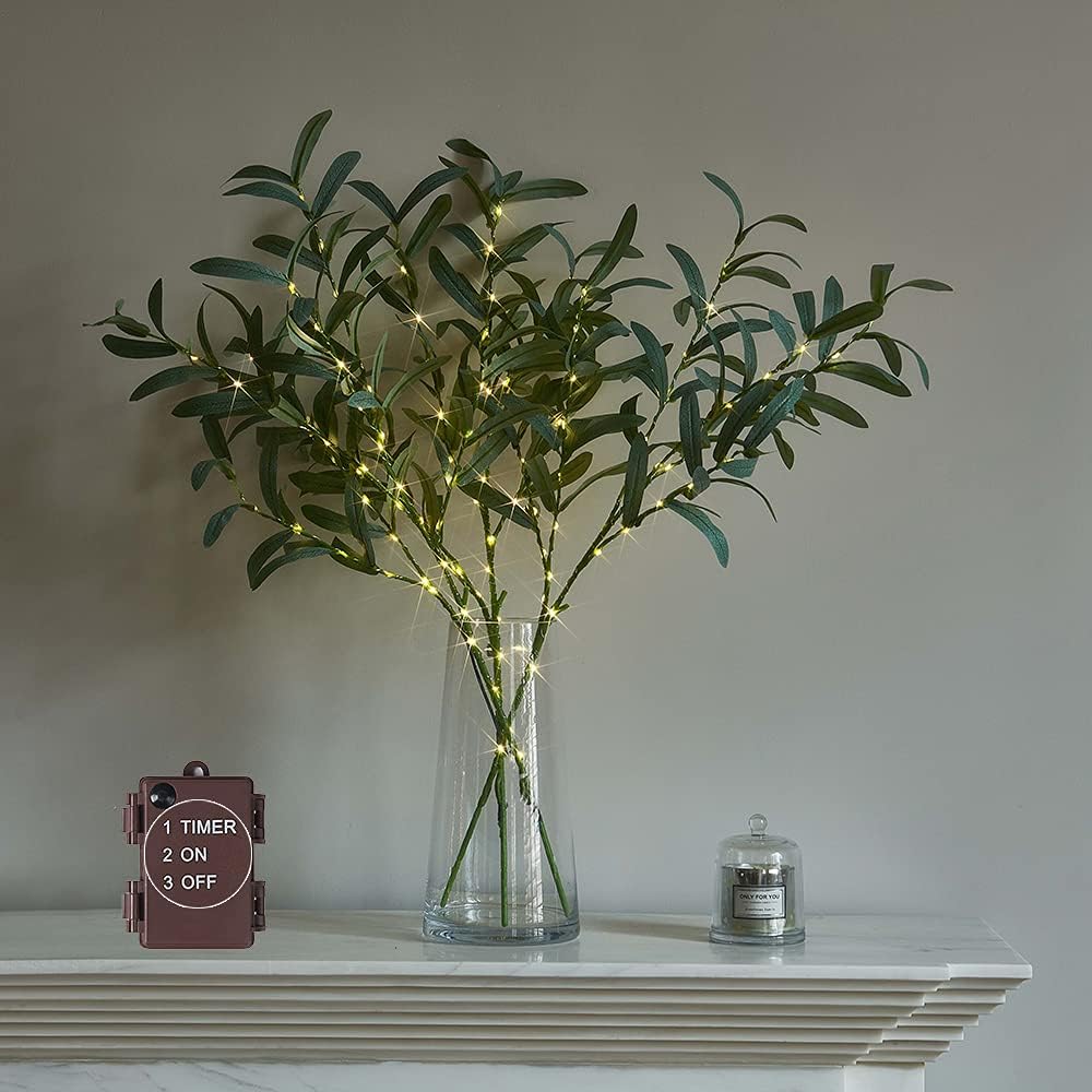 LITBLOOM Lighted Olive Branches 24IN 72 LED with Timer Battery Operated Lit Artificial Greenery for Wedding Party Spring Home Decoration Indoor Outdoor