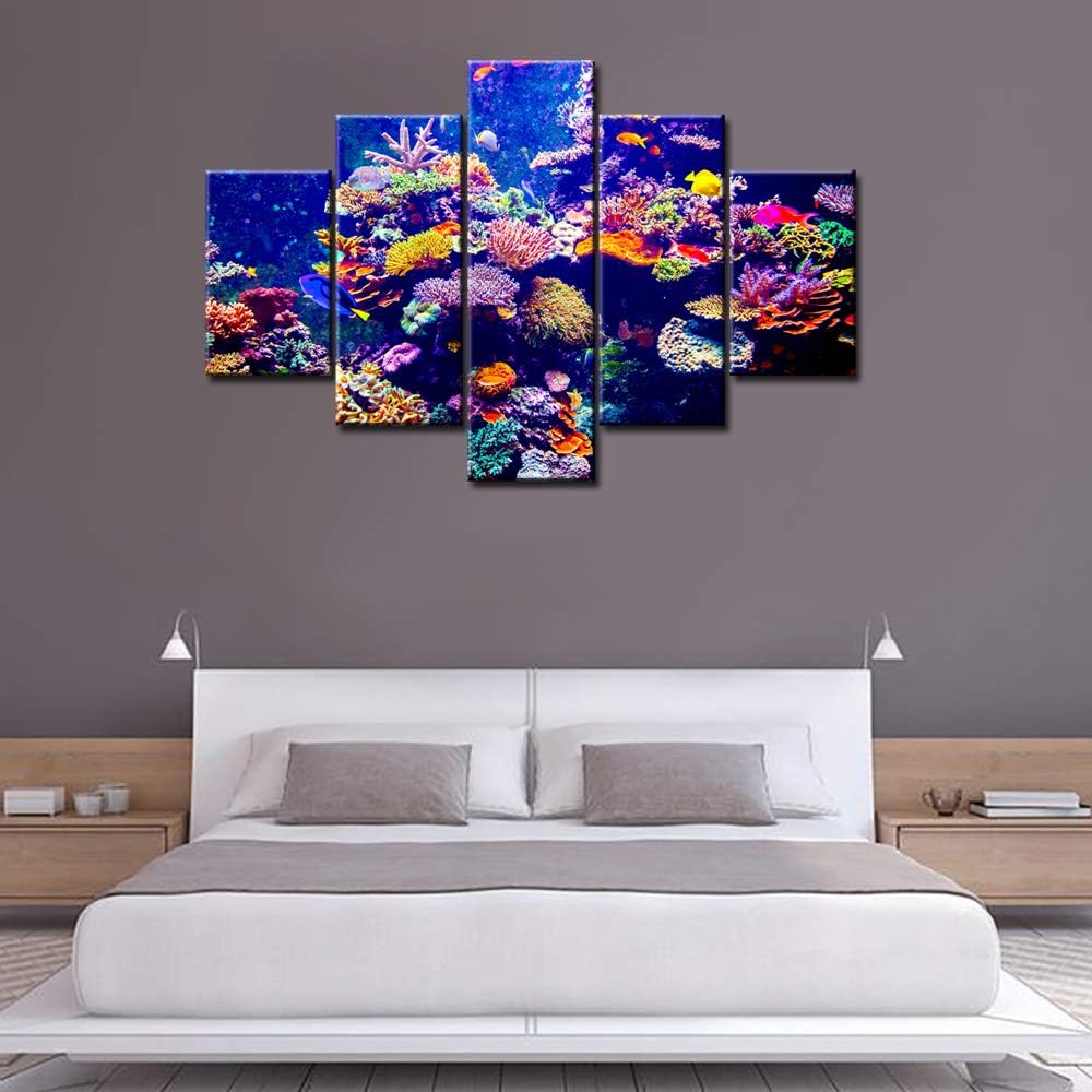 House Decoration Living Room Coral Reef and Tropical Fish in Sunlight Picture Underwater Seascape Painting Contemporary Artwork Red Canvas Artwork Framed Ready to Hang Posters and Prints(60''Wx40''H)
