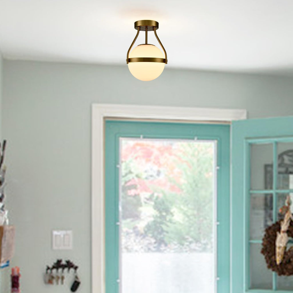 HOLKIRT Modern Light Fixture,Mid Century Semi Flush Mount Ceiling Light,Kitchen Light Fixtures Hallway Light Fixtures Ceiling,Brass Globe Ceiling Light Bedroom with Opal Glass 7Inch/18CM