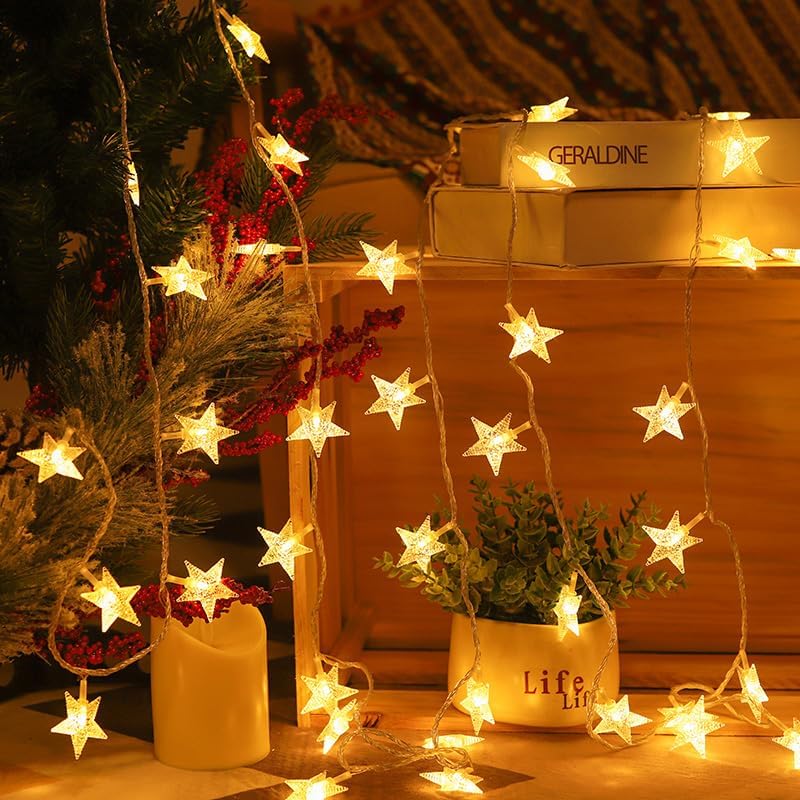 Star String Lights Battery Operated, 17 ft 50 LEDs, Christmas Fairy Lights, String Lights Battery Powered for Kids Bedroom Wedding Mantel Patio Dorm Decor, Warm White