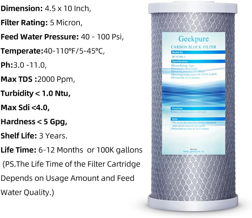 Geekpure 10 Inch Carbon Block Water Filter Reduce Chlorine Taste Odors for Whole House Filtration- 4.5 Inch x 10 Inch -5 Micron-Pack of 4