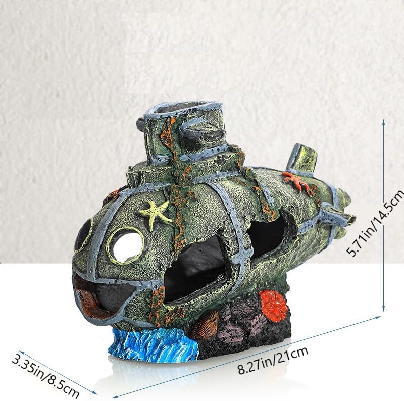 8.2 inch Submarine Realistic Shipwreck Decor for Aquarium - Resin Sunken Ship Ornament with Fish Hideouts, Fish Tank Accessories, Aquarium Ornaments, Fish Tank shipwrecks Submarine