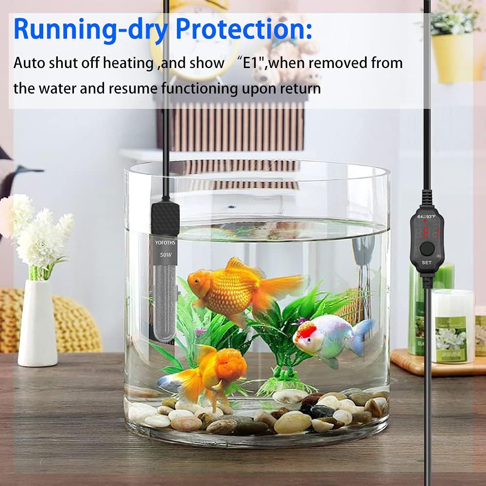 Adjustable Mini Aquarium Heater 5-10 Gallons Submersible Small Fish Tank Heater 50W Digital Display Thermostat External Temperature Controller (50W)
