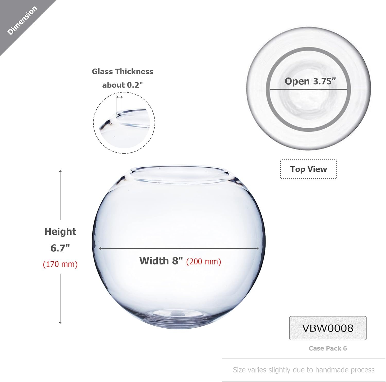 WGV Bowl Glass Vase, Diameter 8", Height 6.5", Open Width 3.75", (Multiple Sizes Choices) Clear Bubble Planter Terrarium Fish Bowl for Wedding Event Home Decor, 1 Piece (VBW0008)