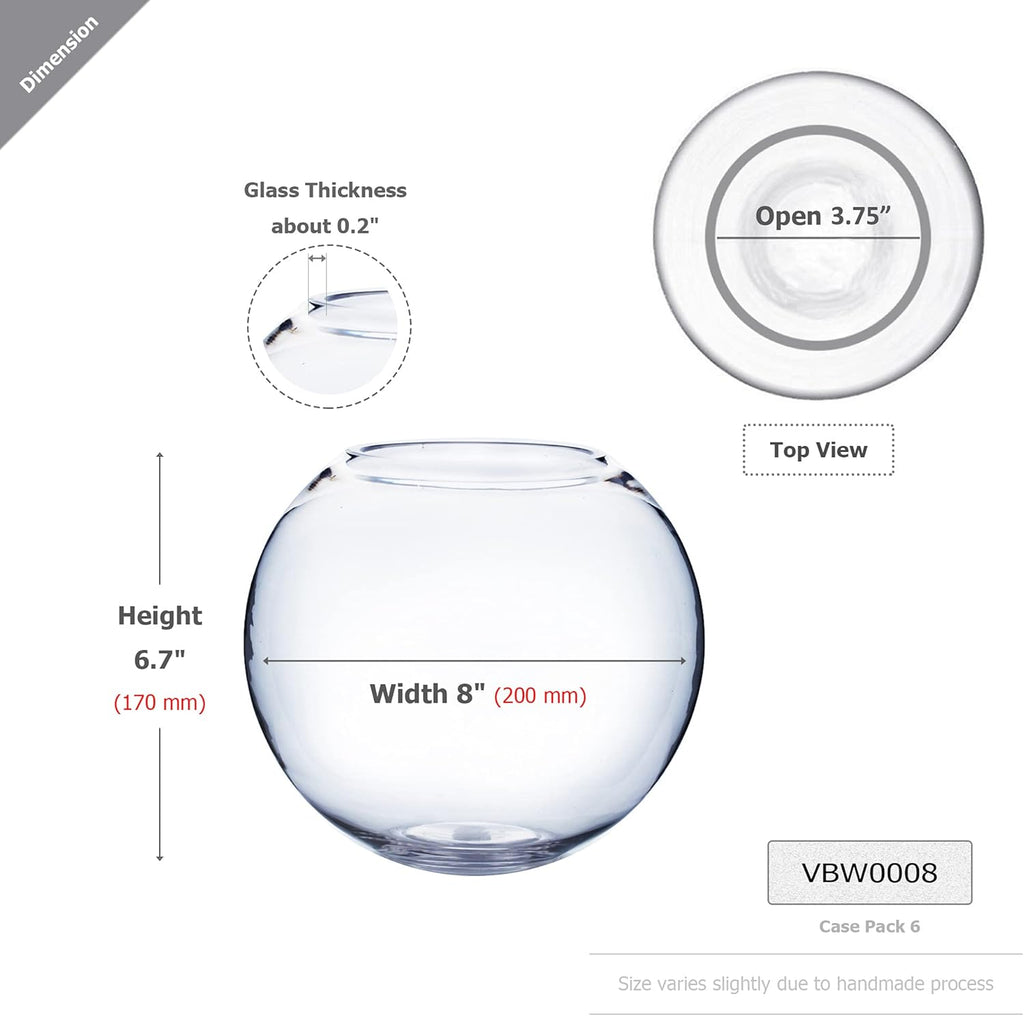 WGV Bowl Glass Vase Bulk, Diameter 8", Height 6.5", Open Width 3.75", (Multiple Sizes Choices) Clear Bubble Planter Terrarium Fish Bowl for Wedding Event Home Decor, 6 Pieces (VBW0008)