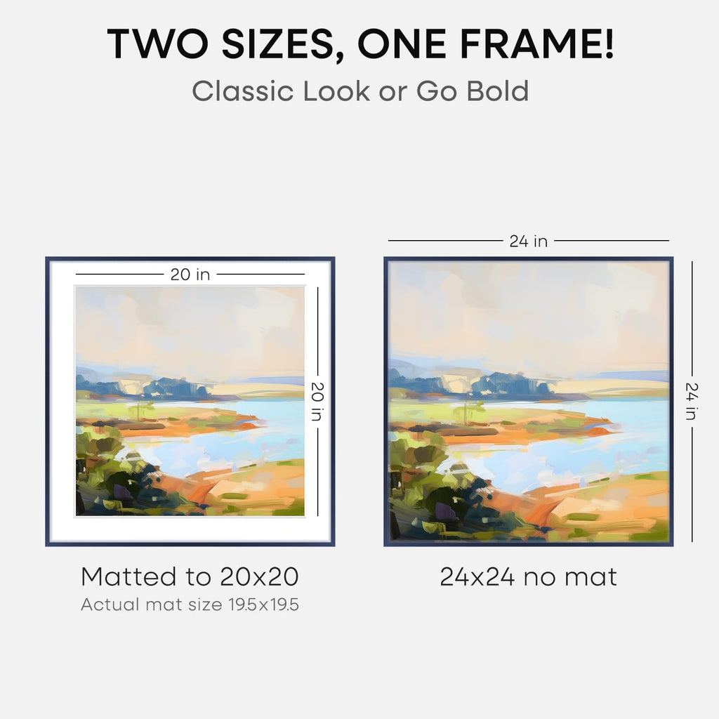 Homeforia 24x24 Picture Frame Navy Blue, High End Metal 24 x 24 Large Square Poster Frame with Mat 20 by 20 inch Photo, 24by24 Thin Frames Matted to 20x20 for Print, Tempered Glass, Wall Kit, Set of 1