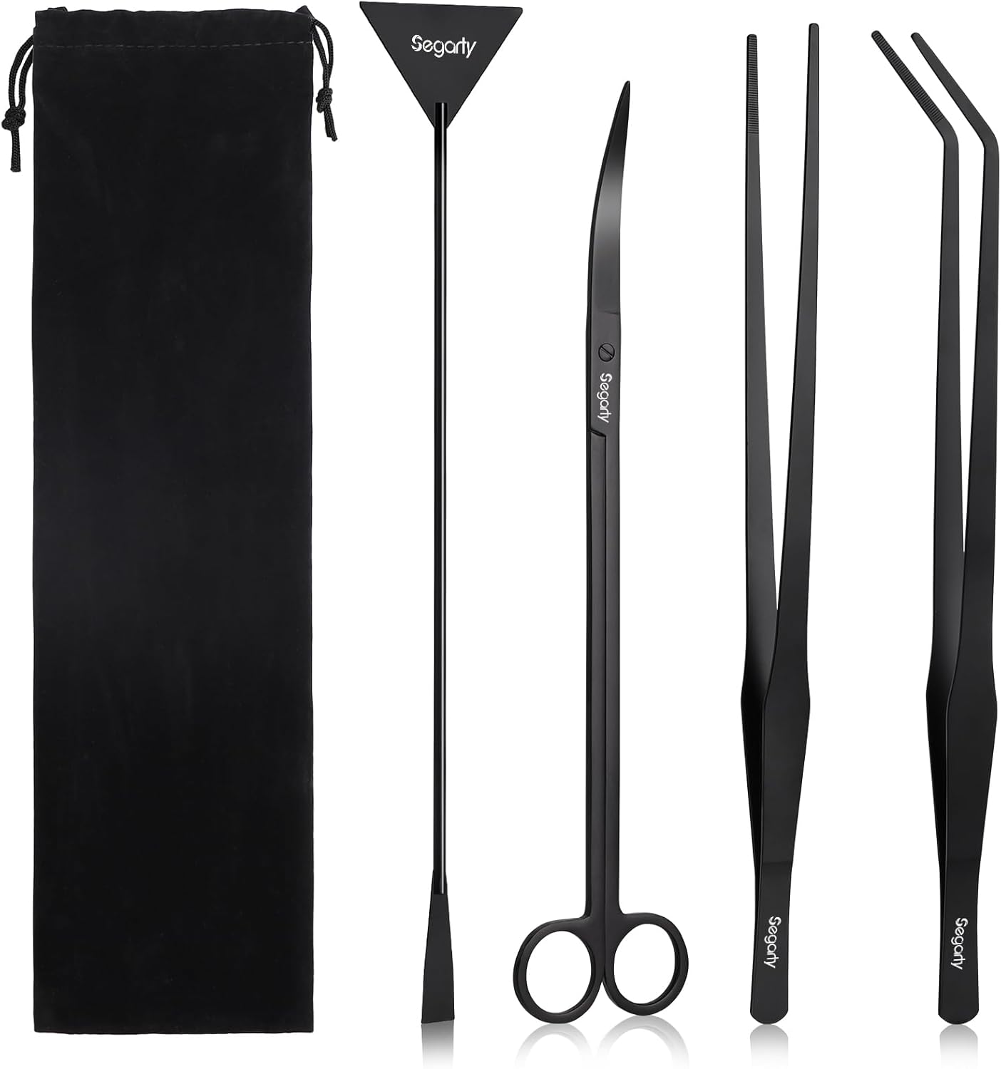 Segarty Longer Aquarium Aquascaping Tools, 4 in 1 Stainless Steel Black Aquarium Tools Kit for Aquatic Plant Fish Tank, Long Scraper Spatula Feeding Tweezers Curved Scissors Anti Rust Aquascape Set