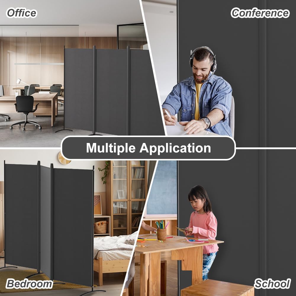 Kokorona 3 Panel Room Divider, 6FT Tall Folding Privacy Screen Wall Dividers, Portable Privacy Screen Freestanding Room Divider for Room Separation, Included - Cover Strips, Grey, 102''W x 71''H