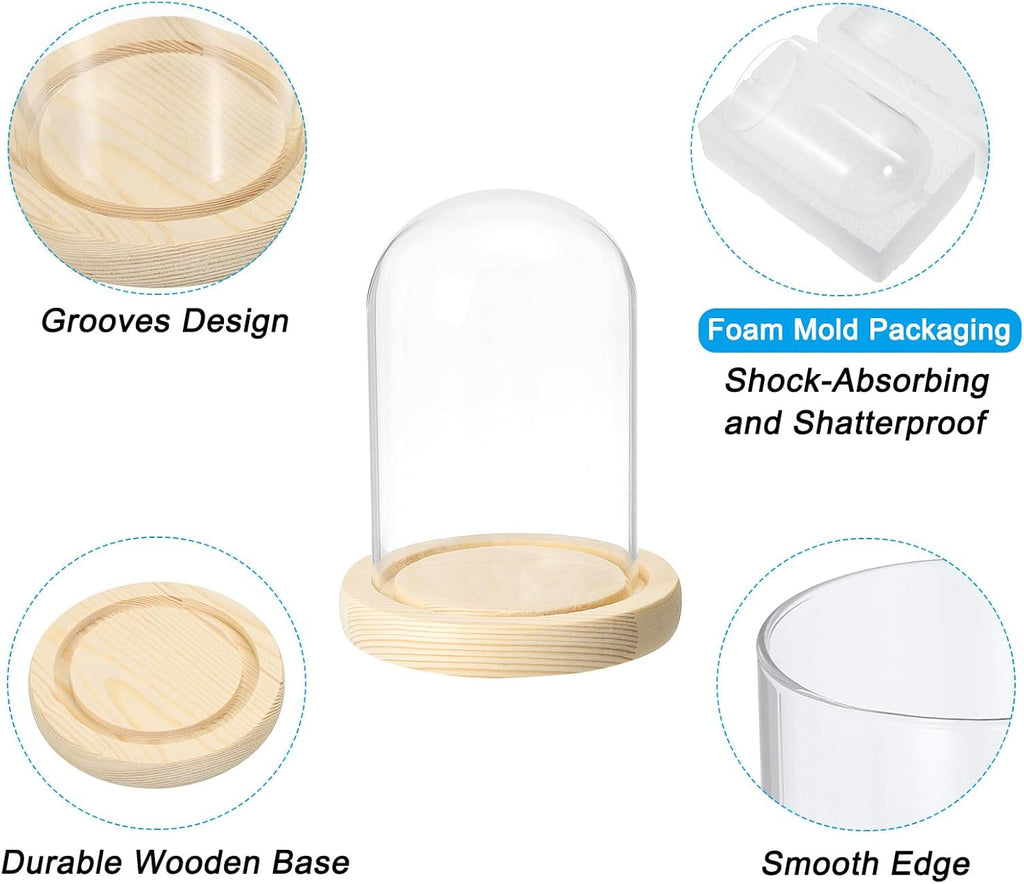 PATIKIL 4.7"x3.1" Clear Cloche Glass Dome, Glass Bell Jar Display Case Tabletop Centerpiece with Wooden Base for Plants Home Decor