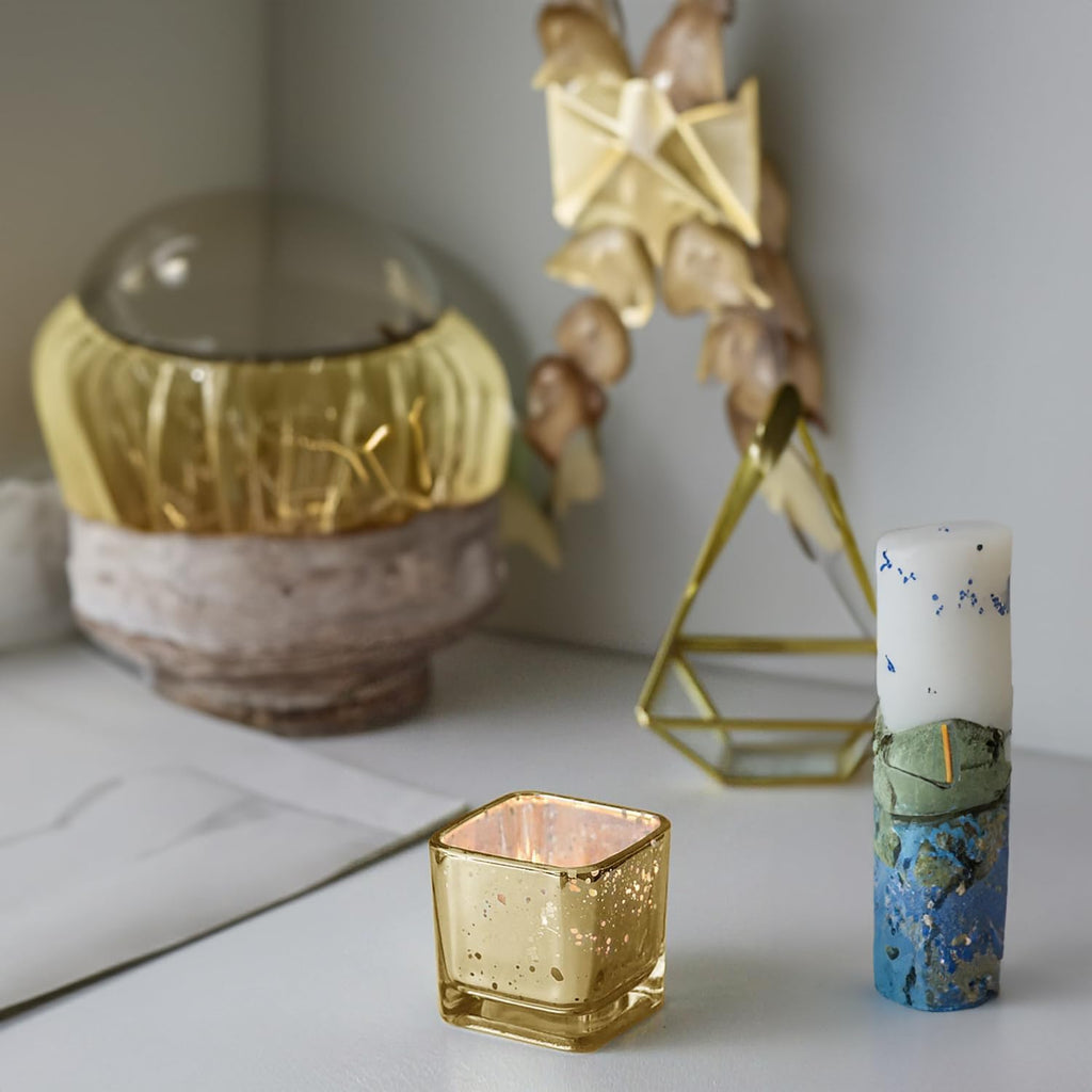 WGVI 24 Pcs Gold Speckled Square Glass Tea Light Votive Candle Holders, Width 2", Height 2", Small Cube CandleHolders Container Terrarium Tabletop Ambient Décor