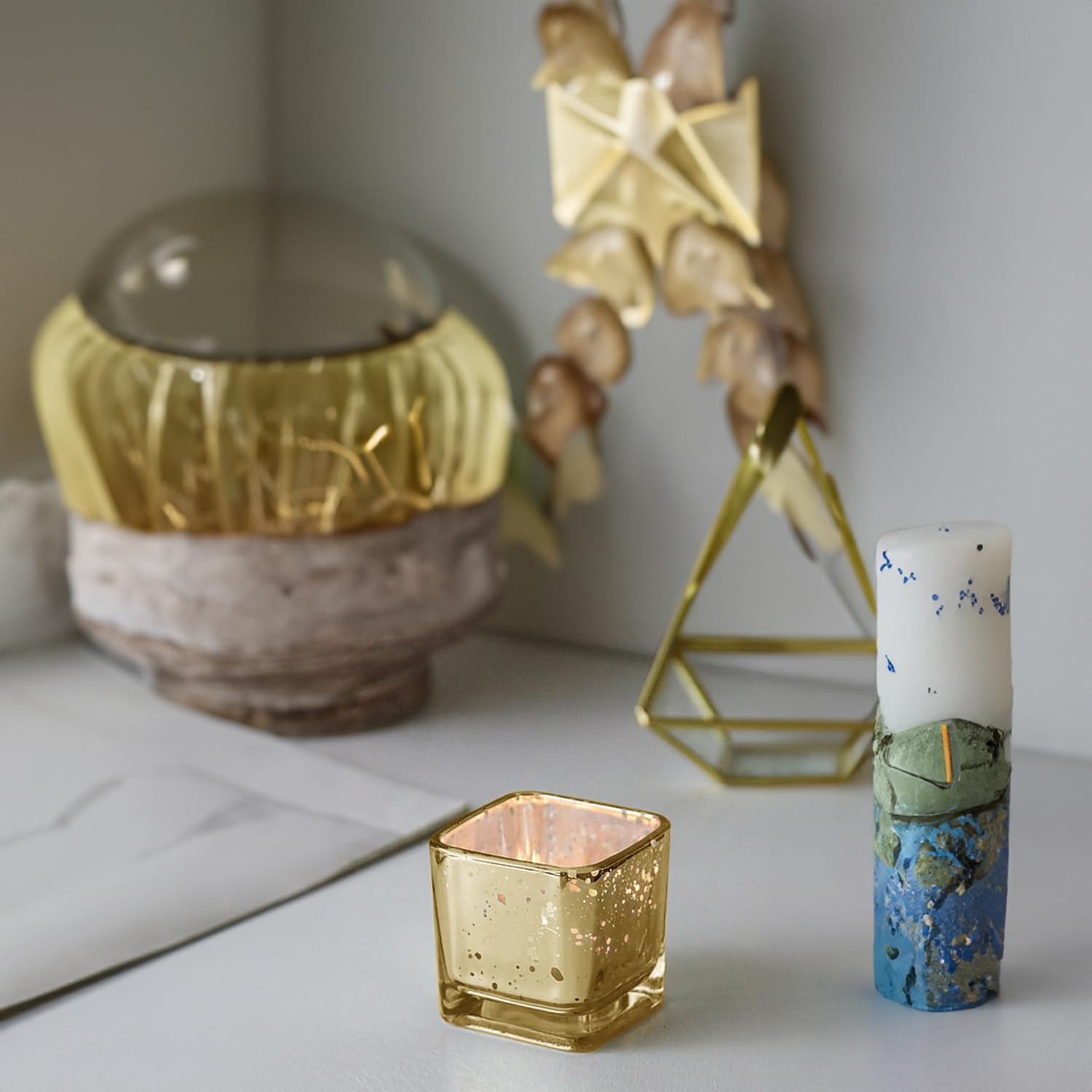 WGVI 24 Pcs Gold Speckled Square Glass Tea Light Votive Candle Holders, Width 2", Height 2", Small Cube CandleHolders Container Terrarium Tabletop Ambient Décor