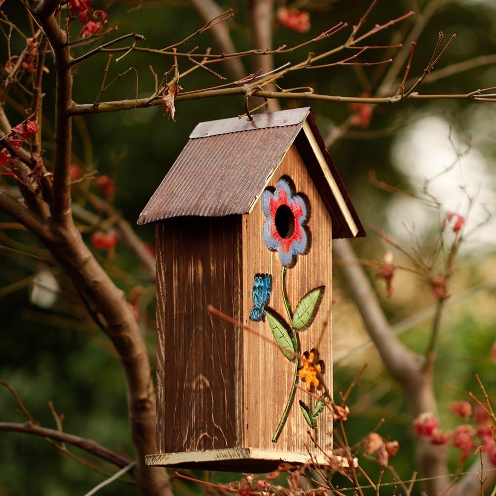 Topadorn Wooden Birdhouse, Carved Floral Bird House for Outdoor Yard Garden Porch Patio Decor, Brown Hanging Wild Bird House, Gift for Bird Lovers