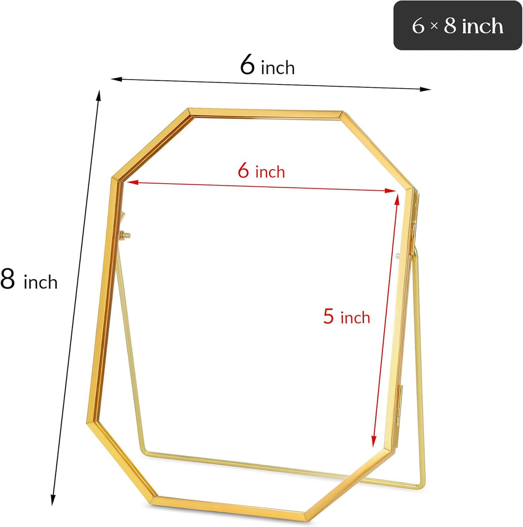 Glass Pressed Flower Frame Handmade, Metal Floating Picture Frame, Double Glass for Tabletop Display, Unique Brass Octagon, Gold, 6x8 Inches (Frame Only)