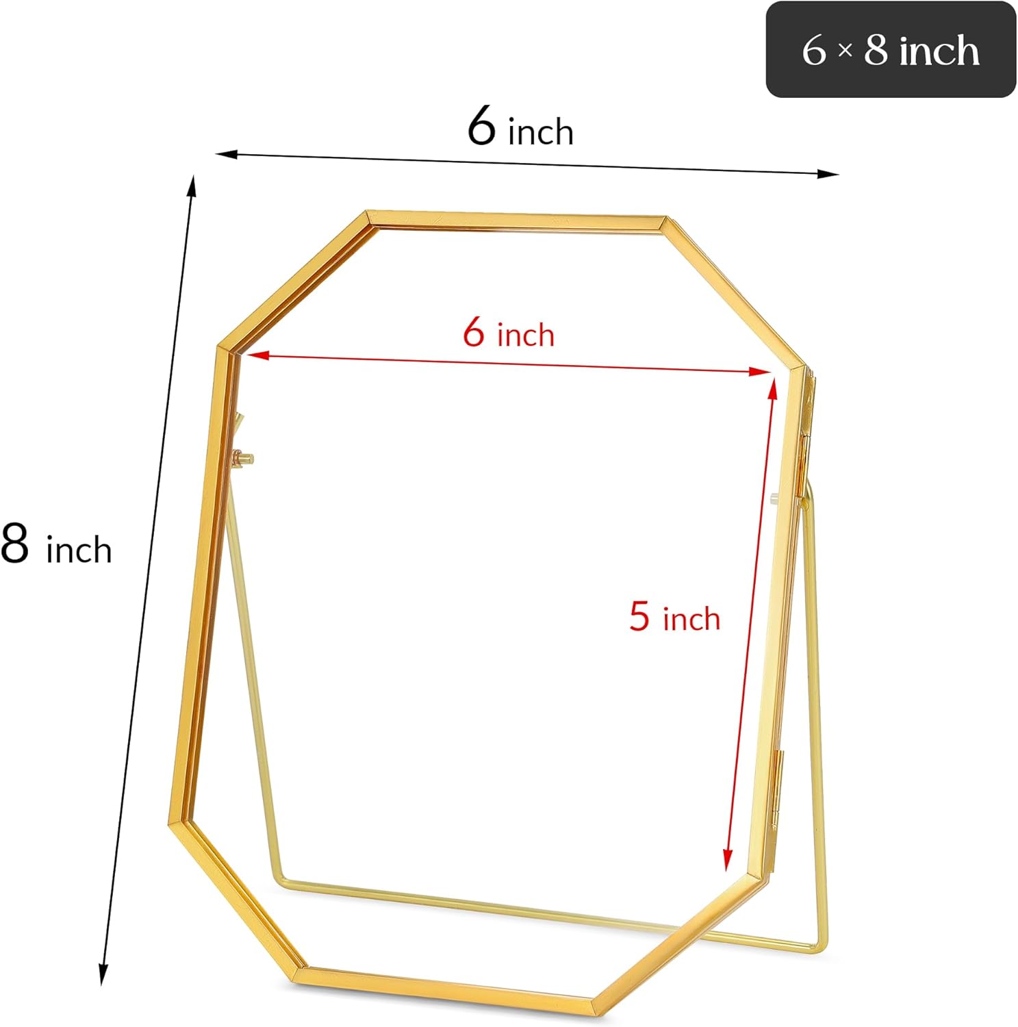 Glass Pressed Flower Frame Handmade, Metal Floating Picture Frame, Double Glass for Tabletop Display, Unique Brass Octagon, Gold, 6x8 Inches (Frame Only)