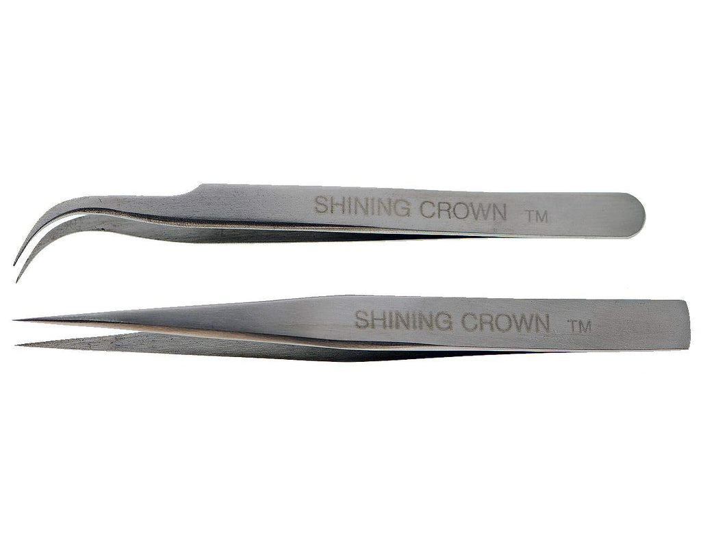 SHINING CROWN Tweezers for Eyelash Extension Straight and Curved 2PCS Set