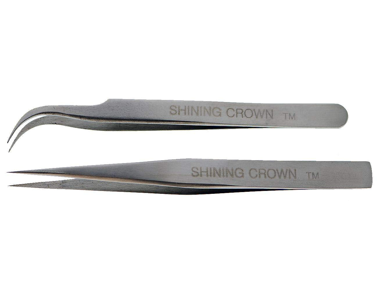 SHINING CROWN Tweezers for Eyelash Extension Straight and Curved 2PCS Set