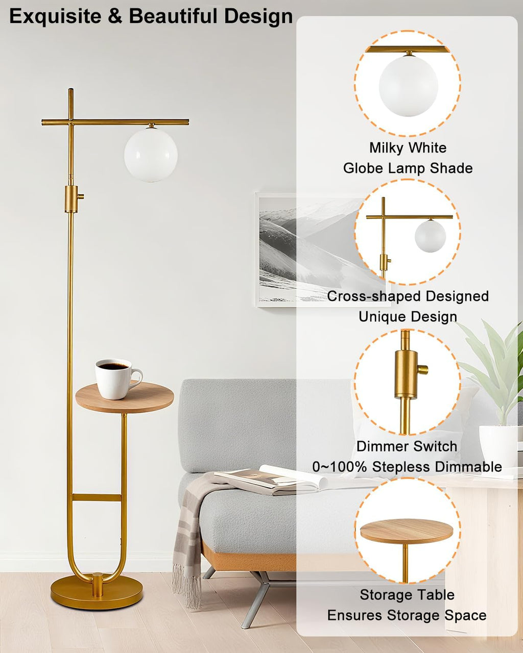 Lightdot 66IN Gold Dimmable Floor Lamps with Storage Table, Modern Standing Tall Lamp with Milky White Globe Lampshade, Cross-Shaped Lamp Head and U-Pole Base Style for Living Room/Bedroom/Office