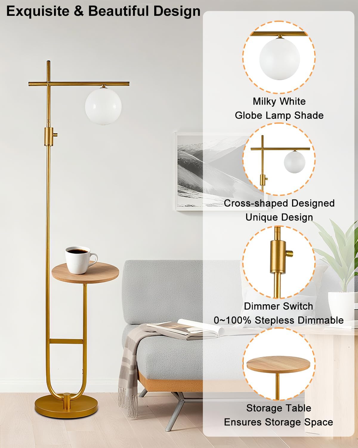Lightdot 66IN Gold Dimmable Floor Lamps with Storage Table, Modern Standing Tall Lamp with Milky White Globe Lampshade, Cross-Shaped Lamp Head and U-Pole Base Style for Living Room/Bedroom/Office