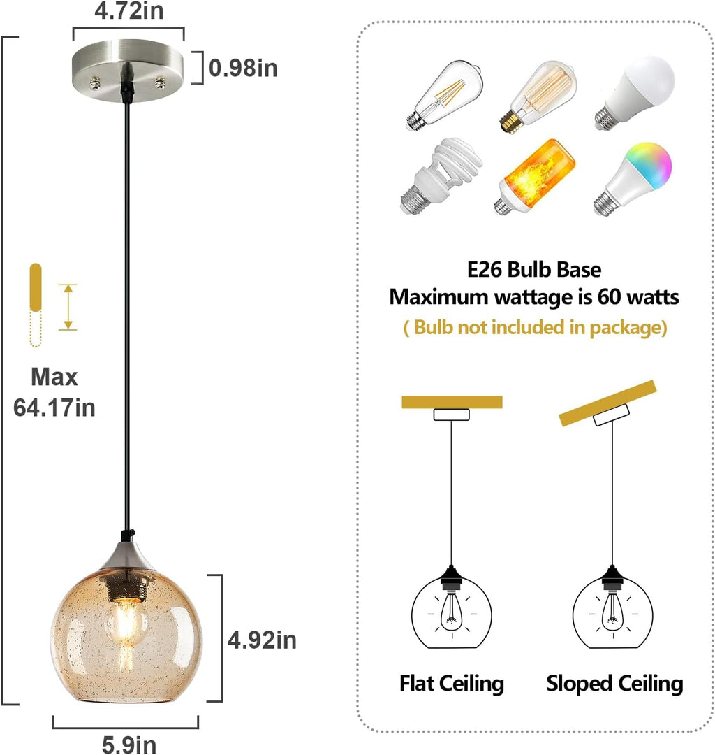 Light Brown Glass Pendant Lights Kitchen Island Globe Pendant Light Fixtures Modern Pendant Lighting for Bedroom Living Dining Room Light Fixture (5.9 in, 2 Pack)