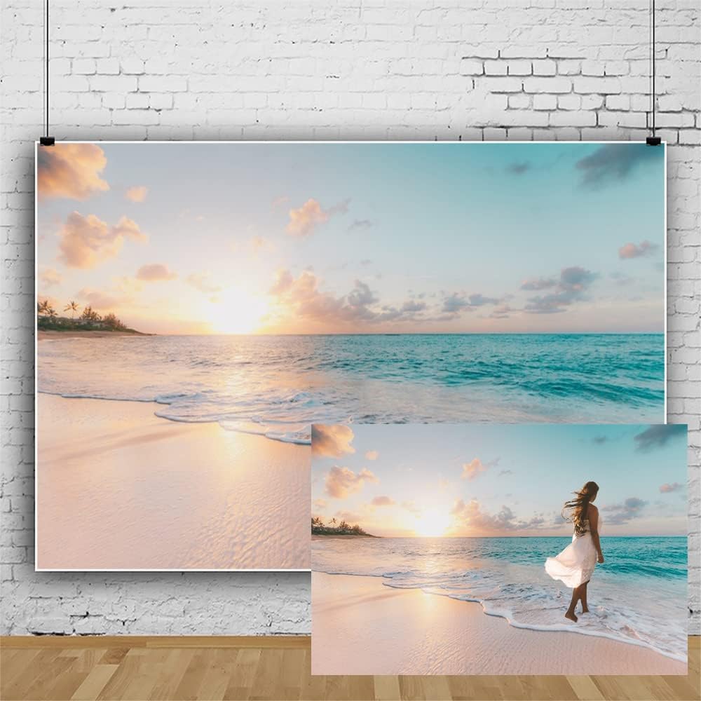 Leowefowa 12x8ft Sea Beach Backdrop Seaside Beach Sunrise Sea Wave Outdoor Scenery Wedding Photography Backdrops for Photo Shoots Party Adult Personal Portrait Photo Background Studio Props