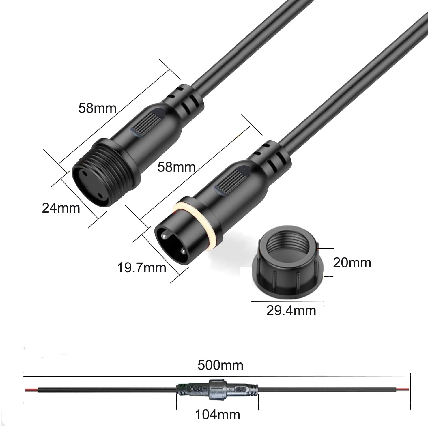 4Pin Waterproof Connector,4 Wire Male Female Plug LED Connector,with 14AWG IP68 25CM Extension Cable, for Car, Boat,Truck,Indoor/Outdoor LED Strip Lights.(2Pairs 4Pin 14AWG)