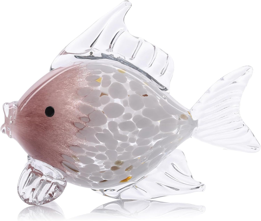 Large Hand Blown Glass Fish Figurines, Aquarium Sea Glass Art, Pink Fish Statue Sculpture Modern Coastal Accent - for Beach Knick Knacks, Coffee Tables, Nautical Offices Centerpiece