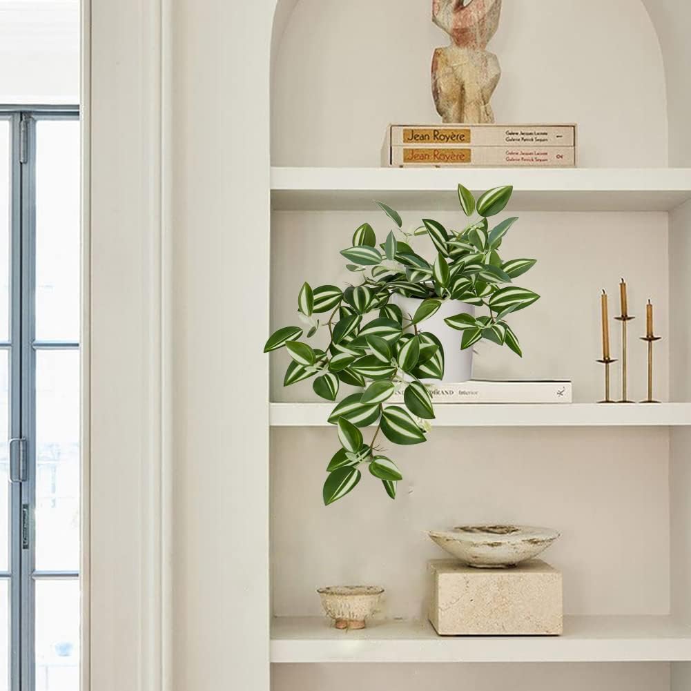 Fake Hanging Plants, 20 Inch Artificial Ivy Plant in Ceramic Pot Faux Vine Potted for Home Bedroom Office Table Shef Desk Indoor Outdoor Decor (Green/White)
