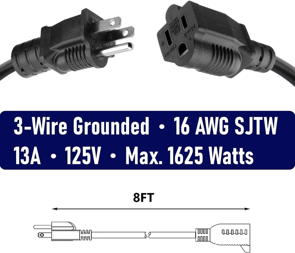 4 Pack 8ft Extension Cord Outdoor Indoor Use 16 AWG Heavy Duty Power Cord 3 Prong SJTW, NEMA 5-15P to NEMA 5-15R, Power Cable for Indoor and Outdoor Extension, ETL Listed