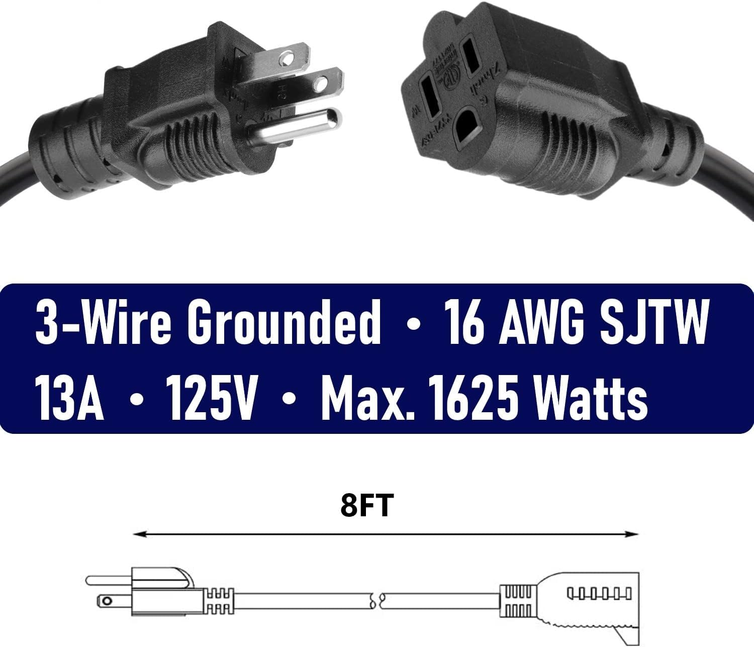 4 Pack 8ft Extension Cord Outdoor Indoor Use 16 AWG Heavy Duty Power Cord 3 Prong SJTW, NEMA 5-15P to NEMA 5-15R, Power Cable for Indoor and Outdoor Extension, ETL Listed