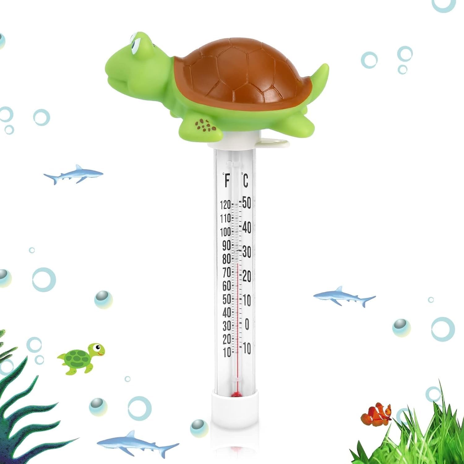 Floating Pool Thermometer, Large Display with String Easy to Read, Shatter Resistant, for Outdoor & Indoor Swimming Pools, Spas, Hot Tubs & Aquariums (Turtle)