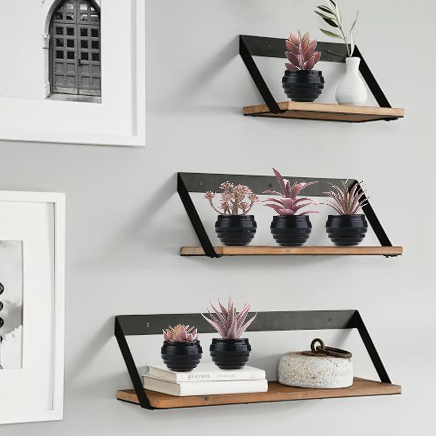 GREENTIME 6 Pcs Purple Artificial Succulent Plants in Mini Black Plastic Pots Small Fake Succulent Plant Faux Indoor Decor Bedroom Desk Bathroom Office Living Room Table Shelf Home Decoration