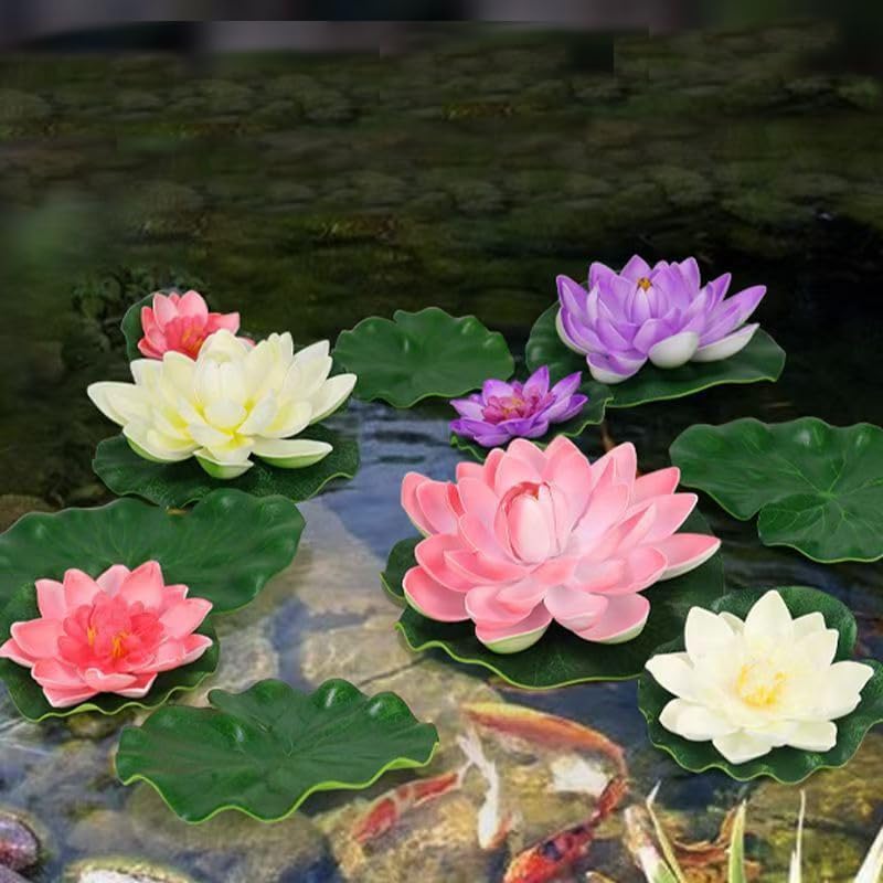 6Pcs Artificial Floating Foam Lotus Flower with 12Pcs Lotus Leaves for Indian Return Gifts Home Garden Pool Pond Fishbowl Aquarium Indian Diwali Decorations