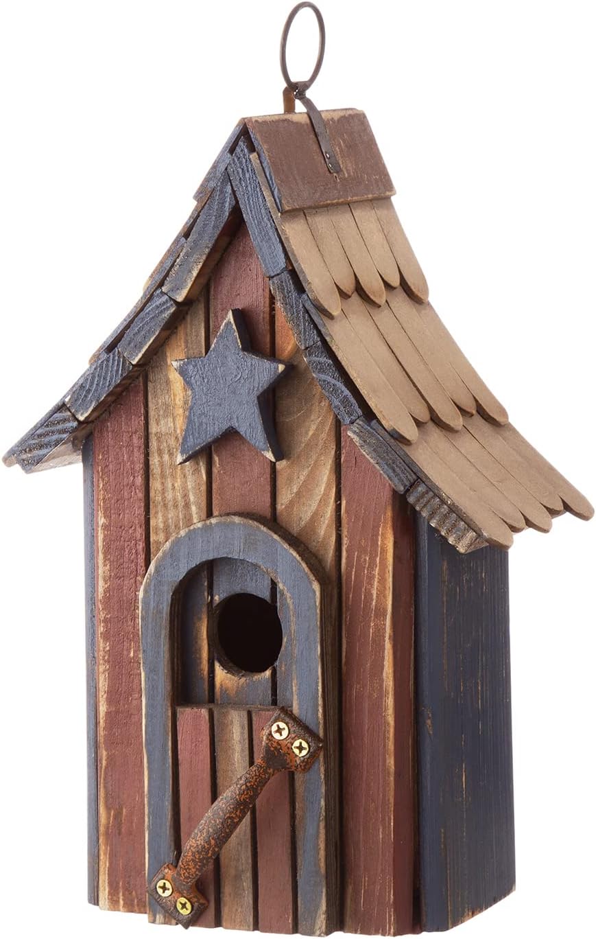 Glitzhome Wooden Patriotic USA Hanging Birdhouse for Outside Garden Bird House with Door Handle
