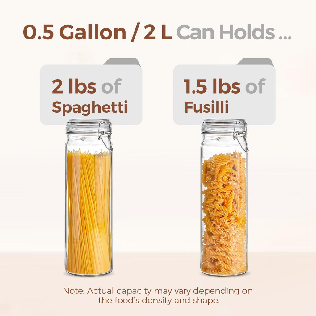 ComSaf Airtight Glass Jars Set of 3, 0.5 Gallon Food Storage Jar with Lids, Tall Spaghetti Container with Clear Preserving Seal Wire Clip Fastening, Pasta Storage Containers for Kitchen Canning