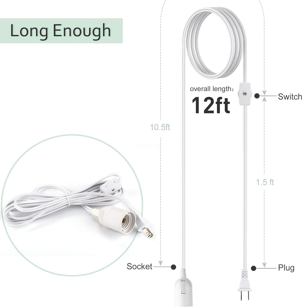 JACKYLED Extension Hanging Lantern Cord Cable UL 1-Pack 12Ft 360W with E26 E27 Socket Gear Switch + Hooks + 2-Prong US AC Power Plugs Pendant Lighting Bulb Lamp for Kitchen Bedroom Bathroom
