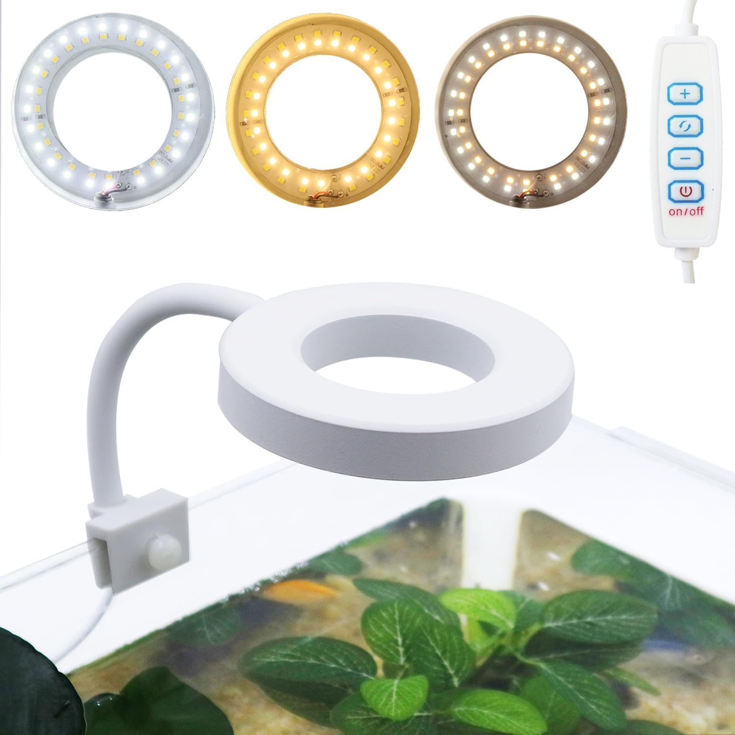 Upgraded Aquarium Light Clip On Fish Tank LED Light Small USB Light Dimmer Multi-Color White+Warm Yellow+Yellow 1 to 5 Gal (Adapter NOT Included, No Timer)