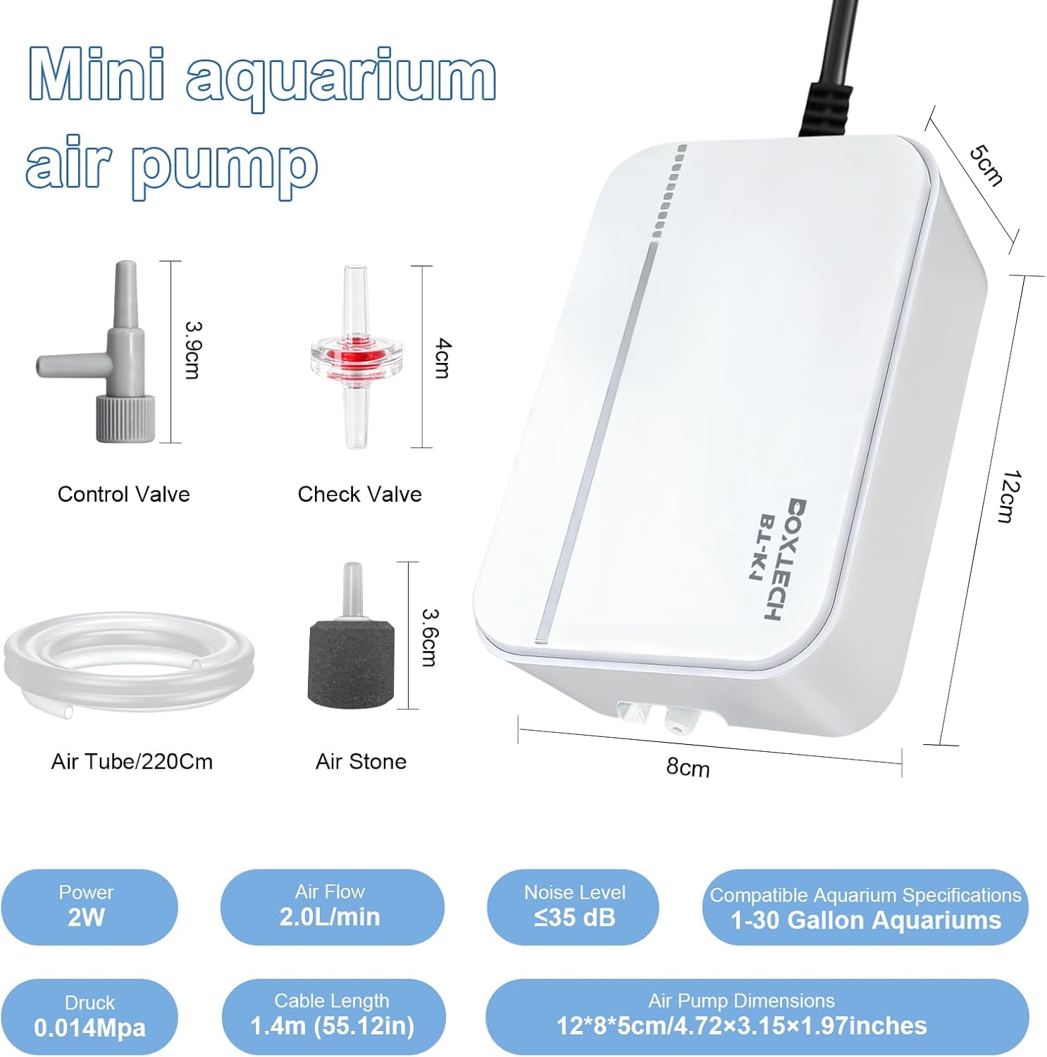 Boxtech Fish Tank Air Pump - Ultra-Quiet Aquarium Aerator for Fish with Air Stone, Check Valve, Control Valve and Air Tube for 1 to 30 Gallon Tanks