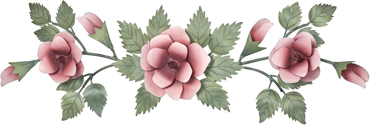 Touch of Class Rose Swag Pink Floral Wall Topper | Handcrafted Handpainted Metal Wall Art | Roses Floral Leaves | Indoor or Covered Outdoors Porch or Patio | Doorways Entryway Hallway