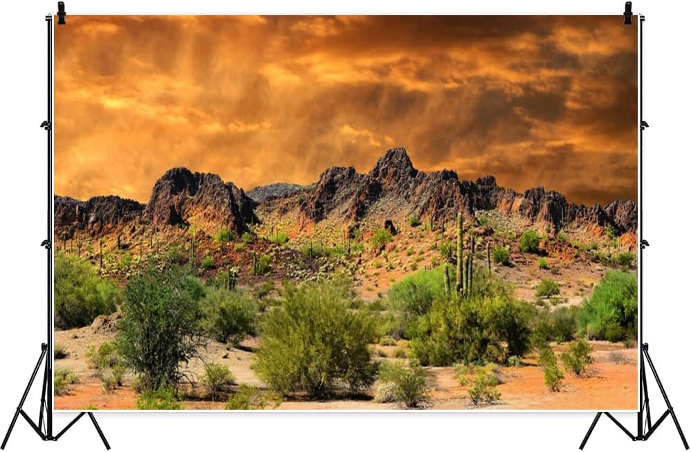 Laeacco 7x5ft Dusk Desolate Desert Backdrop Weathered Mountains Scenic Backdrop Natural Scenery Sunset Glow Cactuses Wedding Photo Studio Stage Perfomance Prop Hiking Camping Pictures Background