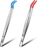 Honoson 2 Pieces Tweezers Curved Bent Tip Tweezers with Rubber Silicone Tips PVC Coated Non Marring Soft Long Rubber Stainless Steel Tools for Jewelry Crafts(Red, Blue)